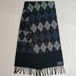 Vintage Cashmink West German Navy Blue Gray Argyle fringed Acrylic Scarf